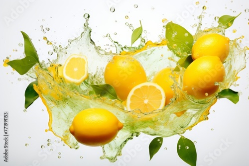 Lemons are in the air. falling, flying fruits with leaves and a splash of juice. levitation. a frozen frame.