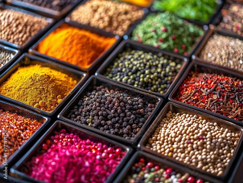 Close-up of a chef's vibrant spice collection