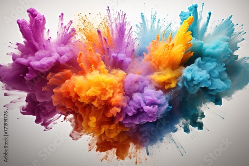 Explosion of colorful yellow blue color holi paint powder isolated on white background.