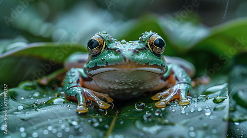 frog on a leaf in the rain, portrait of a frog relax on a leaf in the rain © Sean Song