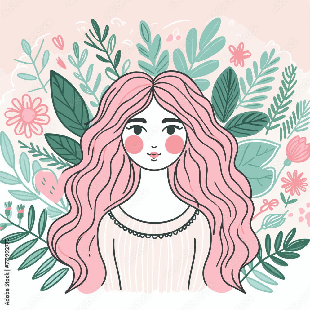  Pink pastel doodle art of a woman surrounded by leaves