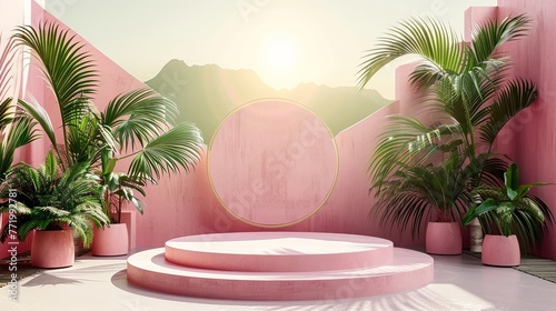Pastel pink backdrop with circular centerpiece and tropical palms
