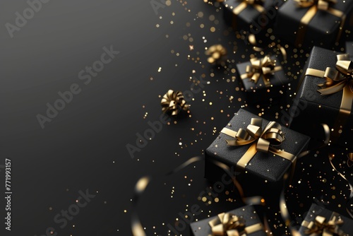 Black friday sale concept. Black gift box with gold ribbon on black background. Flat lay with copy space for text.