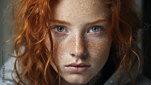 A woman with red hair and freckles is staring at the camera