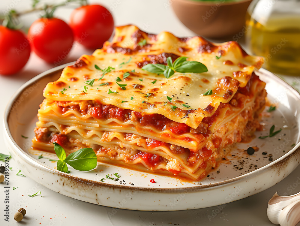 Lasagne isolated on white background. Piece of lasagna with bolognese sauce on plate. Italian cuisine, Layered lasagna with melted cheese and basil garnish. Italian cuisine concept for cookbook recipe Lasagne isolated on white background. Piece of lasagna with bolognese sauce on plate. Italian cuisine, Layered lasagna with melted cheese and basil garnish. Italian cuisine concept for cookbook recipe