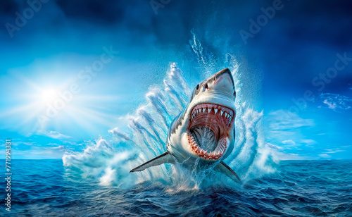 Great White Shark launching explosively out of ocean spraying sea water