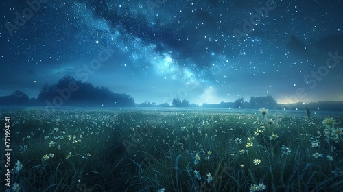 Glittering field under a deep blue starry sky in a serene night landscape