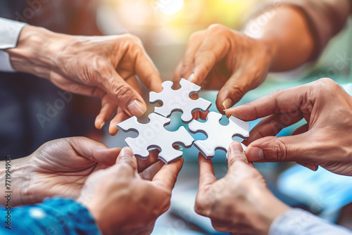 A group of hands working together to connect jigsaw puzzle pieces, symbolizing teamwork and solution finding..