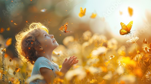 The child follows the flight of a butterfly.