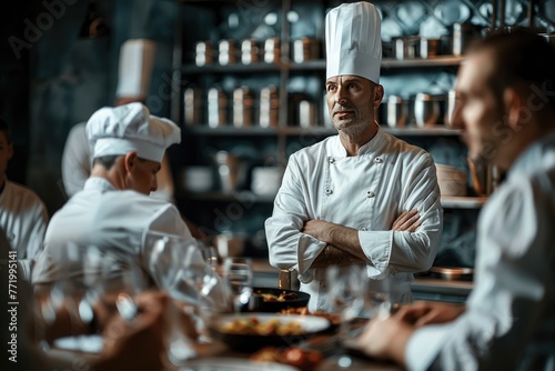 The chef is watching the work in the kitchen.