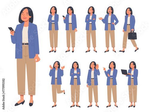 Set of business woman character in various actions on white background. A woman with a phone and a laptop