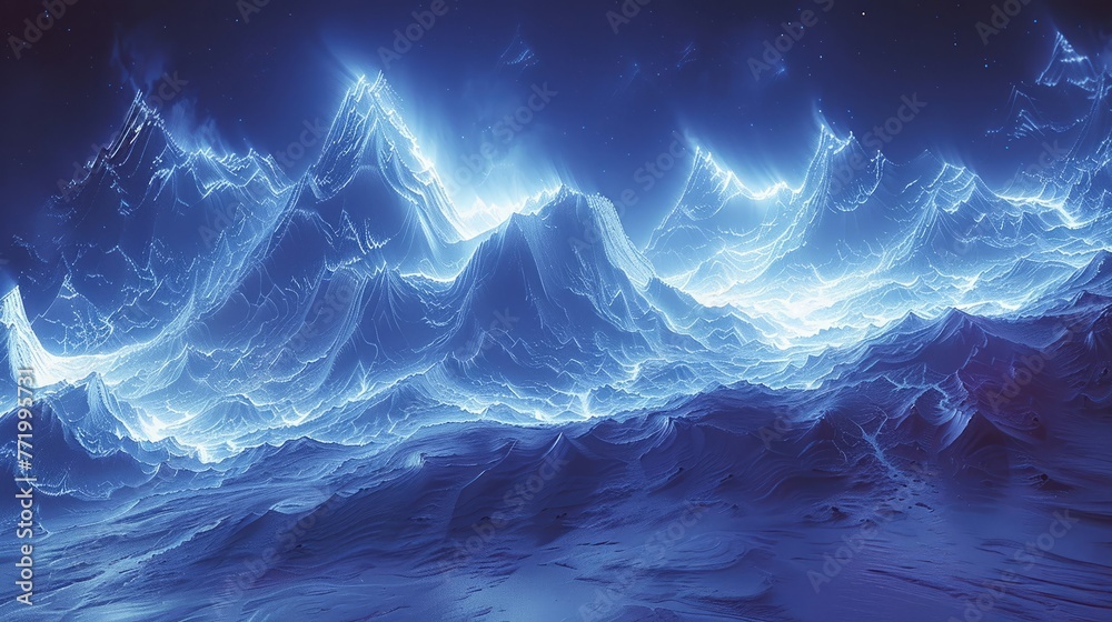 Electric mountains rise in a virtual world of blue shades