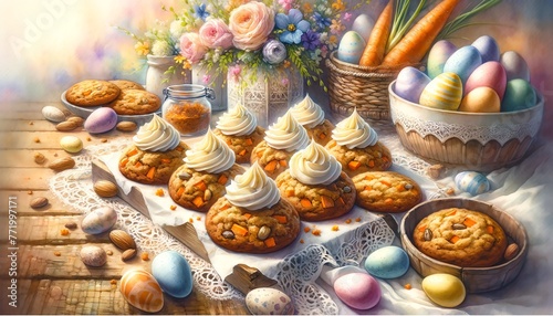 Watercolor Painting of Carrot Cake Cookies, in an Easter Day Theme