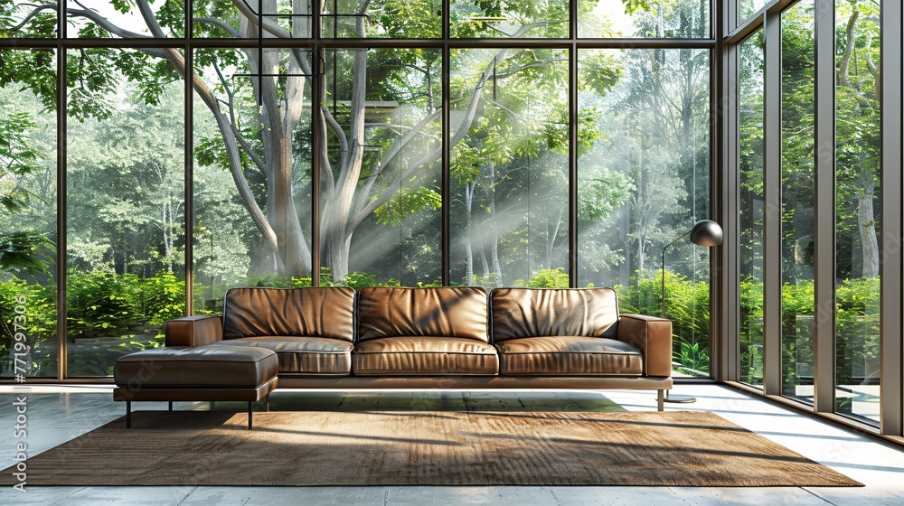 Timeless leather couch Adorned by the window.