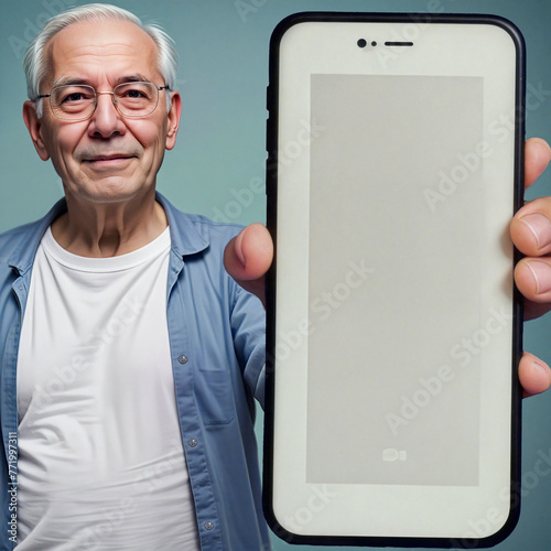 happy european elder man casual wear showing mobile phone with blank screen, isolated on blue background. photo
