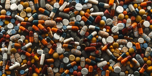 A chaotic array of prescription containers representing the numerous drugs consumed by elderly and chronically ill individuals. photo