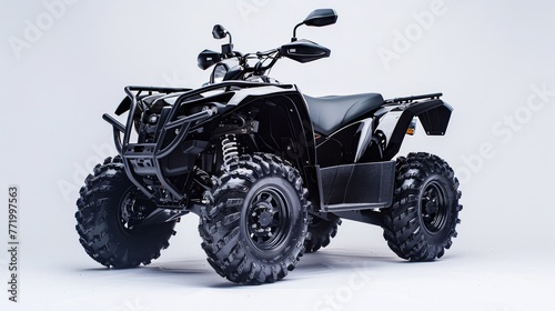 Rugged black ATV parked on white showcasing strength and adventure
