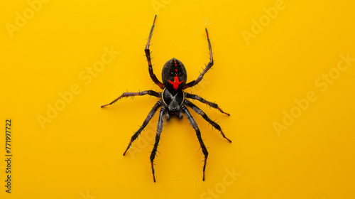 Redback spider on a yellow background. Dangerous insect.