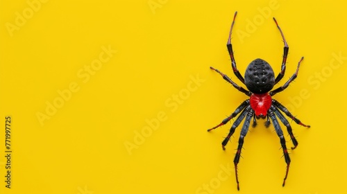 Redback spider on a yellow background. Dangerous insect.