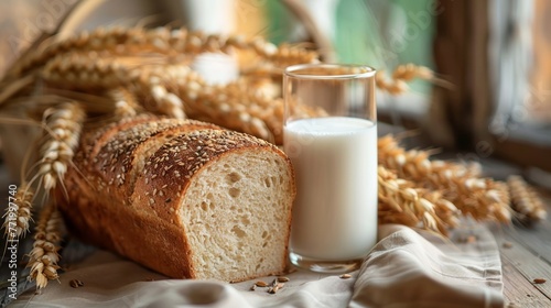 Homely bread loaf sliced neatly beside a tall glass of milk with golden wheat décor