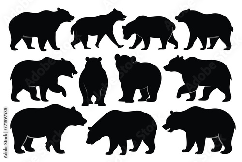set of various black bear silhouettes on the white background photo