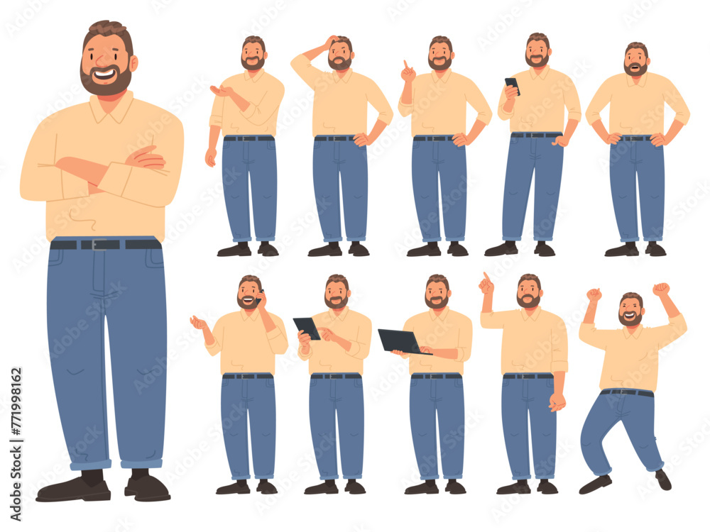 Bearded friendly stocky man in various activities on a white background. The guy uses gadgets - obrazy, fototapety, plakaty 