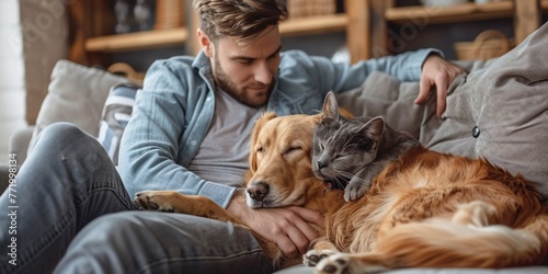 A man lounging on a couch with his household pets, gently caressing his aging feline and canine companions.
