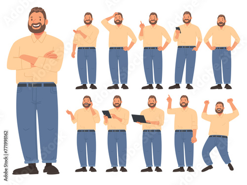 Bearded friendly stocky man in various activities on a white background. The guy uses gadgets