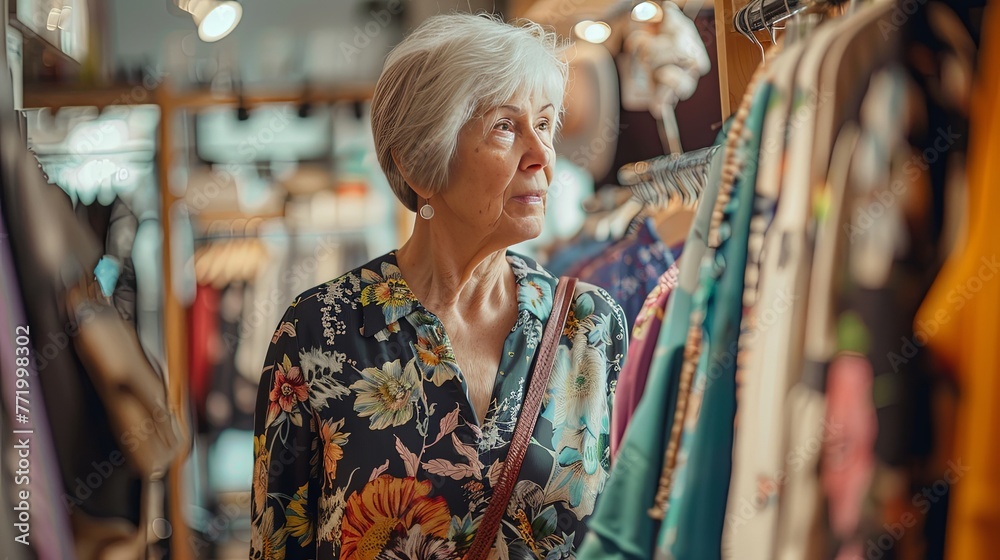 A sophisticated senior woman with short white hair thoughtfully peruses a collection of vibrant, patterned clothing in a boutique. Elegant Senior Woman Contemplating Fashion Choices


