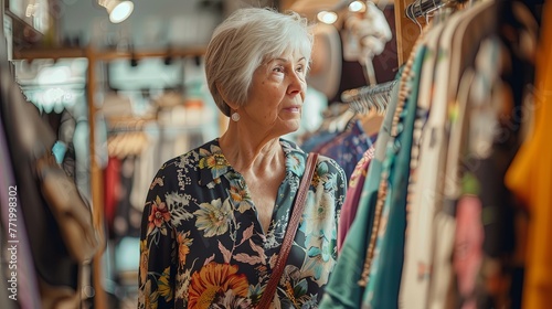 A sophisticated senior woman with short white hair thoughtfully peruses a collection of vibrant, patterned clothing in a boutique. Elegant Senior Woman Contemplating Fashion Choices   © M