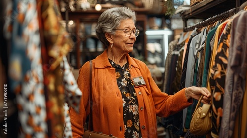 Elderly lady with a smile, selecting attire in a clothing store, surrounded by an array of stylish outfits. Senior Lady Enjoying Fashion Shopping