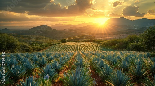 The sun setting above a plantation of Agave for the making of Tequila in the state of Mexico.