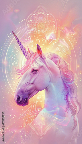Color-changing backdrop, unicorn at the center, hyperrealistic Arabic elements, minimal noise, with © chakrapong