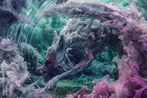 Crafting a scene where Fenrir emerges, made of felt and alcohol ink, embodying pure delight. The ima photo