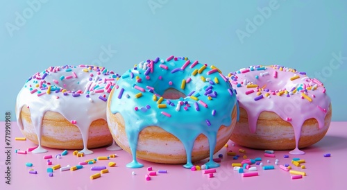 Three colorful donuts with icing and sprinkles on a pastel background, exhibiting a playful and appetizing appeal