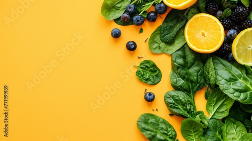photo of a fresh and healthy food banner background with bergamot berries spinach, Generative AI