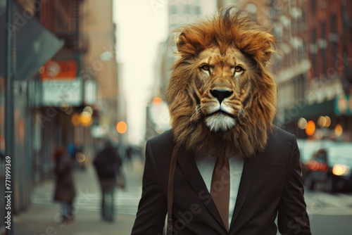 a lion wearing a business suit walking in the streets  animal themes  Generative AI
