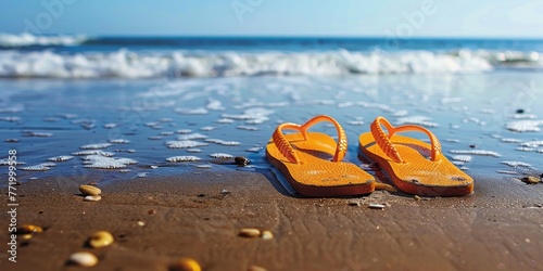 Close-up of pair of orange flip flops on sand beach with blue sea background.