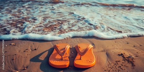 Close-up of pair of orange flip flops on sand beach with blue sea background.