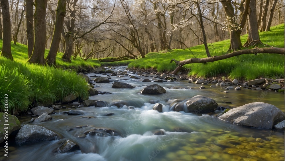 The serene melody of a babbling brook, its banks adorned with the fresh green of spring's first grass Generative AI The serene melody of a babbling brook, its banks adorned with the fresh green of spring's first grass Generative AI