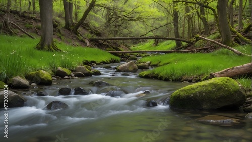 The serene melody of a babbling brook, its banks adorned with the fresh green of spring's first grass Generative AI © Haroon