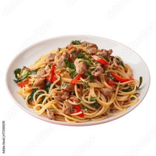 Plate of spaghetti with meat and veggies on transparent background