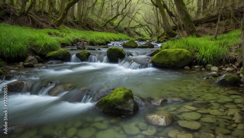 The serene melody of a babbling brook, its banks adorned with the fresh green of spring's first grass Generative AI