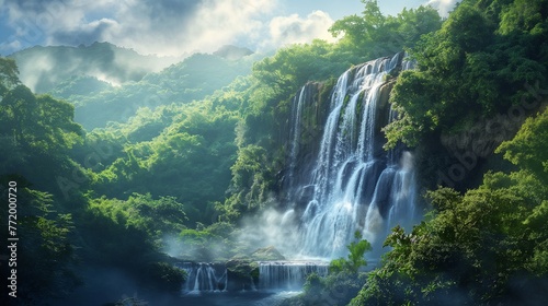 Spectacular views of majestic waterfalls cascading down into the lush greenery.Generative AI illustration