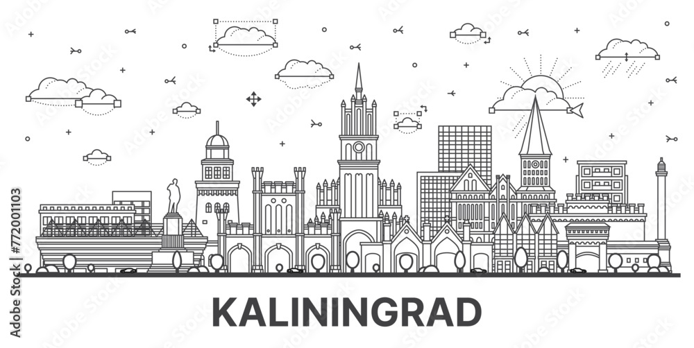 Outline Kaliningrad Russia city skyline with modern and historic buildings isolated on white. Kaliningrad cityscape with landmarks.