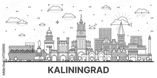 Outline Kaliningrad Russia city skyline with modern and historic buildings isolated on white. Kaliningrad cityscape with landmarks.