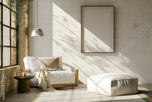 Frame mockup on light wall in modern boho living room interior design