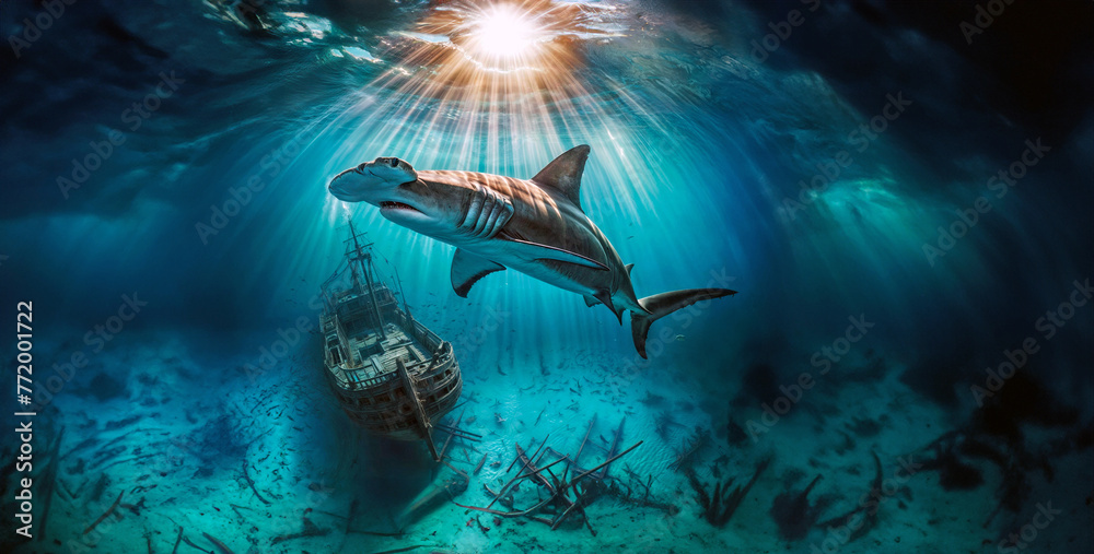Hammerhead shark swimming underwater near an old pirate shipwreck - obrazy, fototapety, plakaty 
