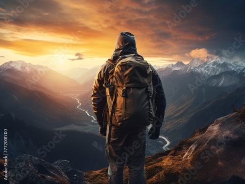 a person standing on a mountain looking at the sunset