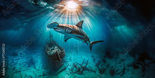 Hammerhead shark swimming underwater near an old pirate shipwreck © jimbocymru